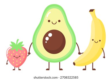 Cute cartoon fruit characters holding hands, strawberry, avocado, and banana