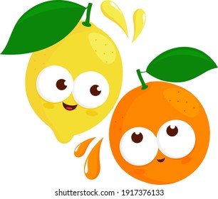 Cute cartoon fruit characters. Lemon and orange. Vector illustration