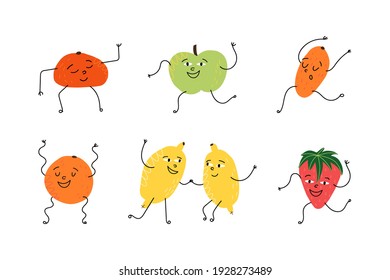 Cute cartoon fruit characters set. Funny fruits dances in various poses and do the pas in a couple and on it own. Vector isolated illustration.