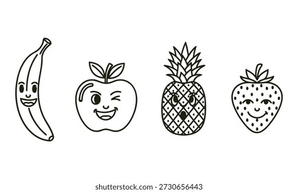 Cute cartoon fruit characters smiling and winking at each other happily