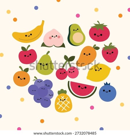 Cute cartoon fruit characters with smiling faces form a colorful playful pattern on a light background, ideal for kids education, nursery decor, food branding, packaging, and cheerful lifestyle designs.