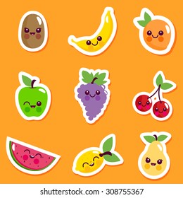 Cute Cartoon Fruit Characters Sticker Set Stock Vector (Royalty Free ...