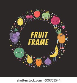 Cute cartoon fruit circle frame. Funny characters in nice colors with confetti.