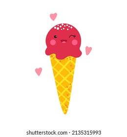 Cute cartoon fruit cone ice cream isolated on white background. Funny vector food character for kids textile or printing on any surface