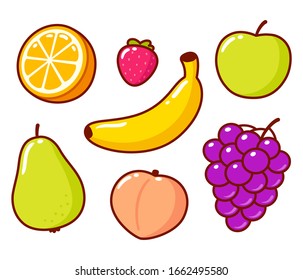 Cute cartoon fruit doodle set. Orange and banana, apple and pear, peach, grapes and strawberry. Isolated vector illustration collection.