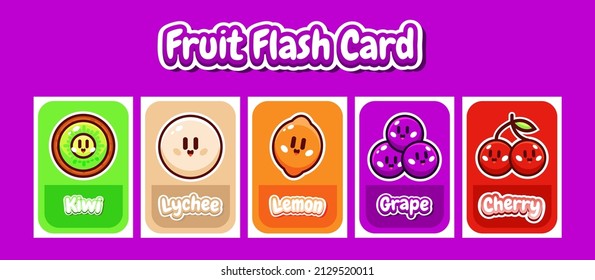 Cute Cartoon Fruit Flash Card für Bildung. Kiwi, Lychee, Zitronensorten und Kirschen. Vektorgrafik-Set.