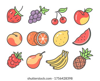 Cute cartoon fruit icon collection. Vector icon set.