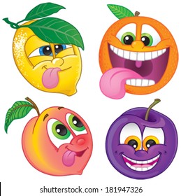 Cute cartoon fruit: Lemon, orange, peach or nectarine and plum. Vector illustration.