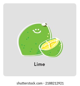 Cute cartoon fruit lime and half of lime.