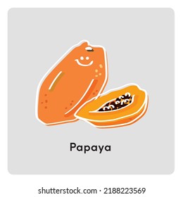 Cuta caricatura de papaya fruta y mitad de papaya.