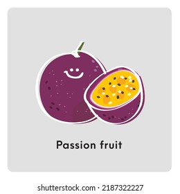 Cute cartoon fruit passion fruit and half passion fruit.