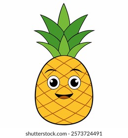 Cute cartoon fruit pineapple isolated on white background. Front view. Vector illustration.