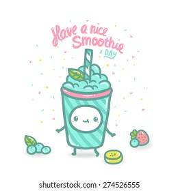 cute cartoon fruit smoothie with banana, strawberry and blueberry.