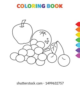 cute cartoon fruit such as apple, tomatoes,cherry, grapes coloring book for kids. black and white vector illustration for coloring book. fruit such as apple, tomatoes,cherry, grapes concept hand