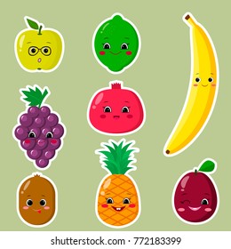 Cute cartoon fruit symbols set of stickers in a white stroke. Flat design, vector illustration.
