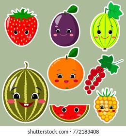 Cute cartoon fruit symbols set of stickers in a white stroke. Flat design, vector illustration.