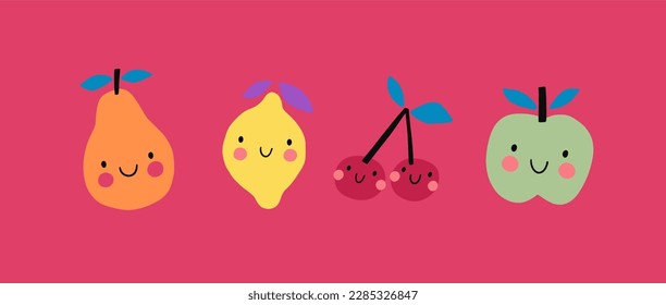 Cute cartoon fruit. Vector illustration in modern style. Pear, lemon, cherry, apple