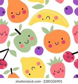 Cute cartoon fruit. Vector illustration in modern style.  Pear, lemon, cherry, apple seamless pattern