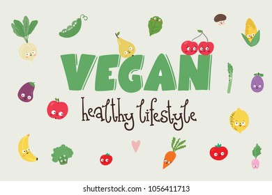 Cute cartoon fruit and vegetable. Organic and vegan food