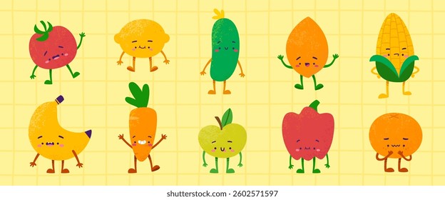 Cute cartoon fruit and vegetables characters set. Healthy food textured mascot collection.