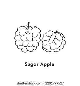 Cute cartoon fruit  whole and half sugar apple or custard apple.