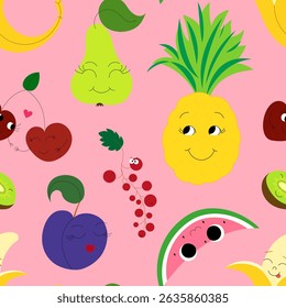 Cute cartoon fruits characters seamless pattern
