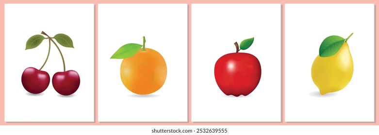 Cute cartoon fruits (cherry, orange, apple, lemon) icon isolated on white background, vector, illustration.