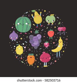 Cute cartoon fruits circle illustration. Funny characters in nice colors with confetti.