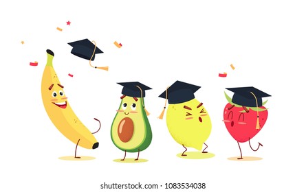 Cute cartoon fruits in graduation caps celebrating graduation. Vector illustration