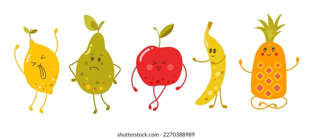 Cute cartoon fruits in kawaii style. Lemon,pear, apple,banana,pineapple.Isolated vector illustration set.