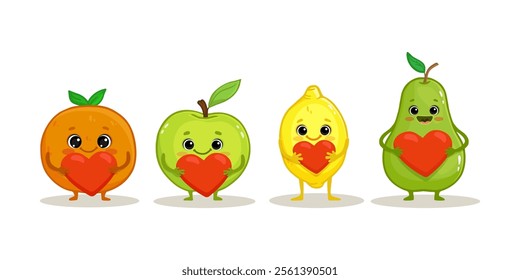 Cute cartoon fruits on a white. Funny fruits with heart. Orange, apple, lemon and pear in flat style. Vector illustration
