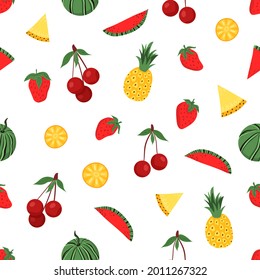 Frutos de dibujos animados. Patrón sin fisuras para el diseño de tela, ropa, papel pintado, papel. Fondo aislado sin inconveniente.