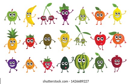 Cute cartoon fruits set in flat style isolated on white background. Kawaii emoji fruit icons. Vector illustration.   