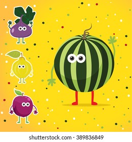 Cute cartoon fruits set. Happy food. Funny fruit friends on yellow background. Cartoon food characters (fig fruit, watermelon, quince and plum).