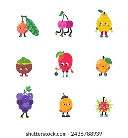 Cute cartoon fruits set, part 2. Imbe, cherry, quince, nungu, mango, apricot, grape, usuma, rambutan.