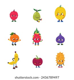 Cute cartoon fruits set, part 3. Lychee, guava, melon, orange, dragon fruit, fig, banana, emu apple, horned melon.