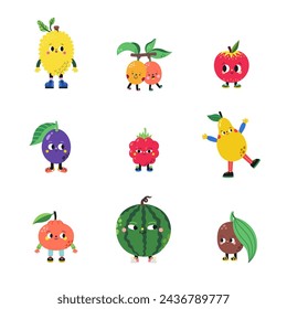 Cute cartoon fruits set, part 4. Jackfruit, ximenia, nectarine, plum, raspberry, pear, mandarin, tangerine, watermelon, ziziphus.