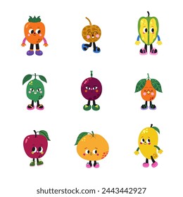 Cute cartoon fruits set, part 5. Persimmon, longan, starfruit, lime, passion fruit, kumquat, red apple, grapefruit and gold mango characters.