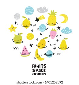 Cute cartoon fruits in space adventure. Fresh summer print for kids in modern stylle. Vector fruits planet in space.