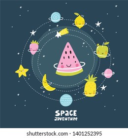 Cute cartoon fruits in space adventure. Fresh summer print for kids in modern stylle. Vector fruits planet in space.