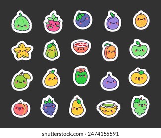 Cute cartoon fruits. Sticker Bookmark. Kawaii character. Hand drawn style. Vector drawing. Collection of design elements.