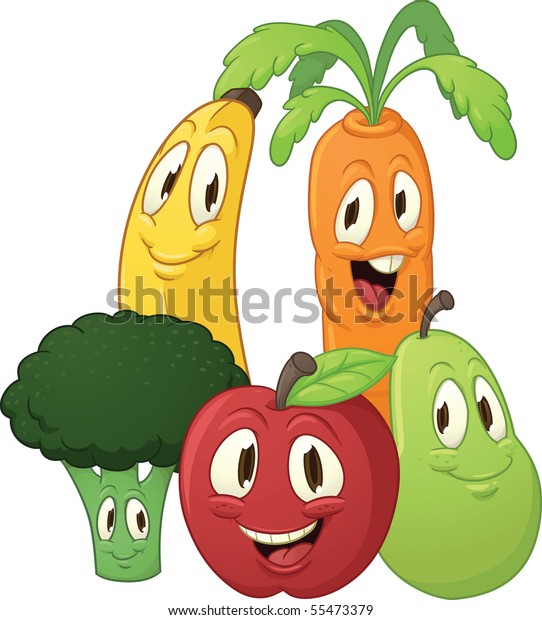 Cute cartoon fruits and vegetables. All in separate layers for easy