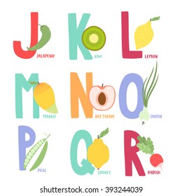 cute cartoon fruits and vegetables alphabet for kids. funny learning poster for schools. letters from j to r. set 2