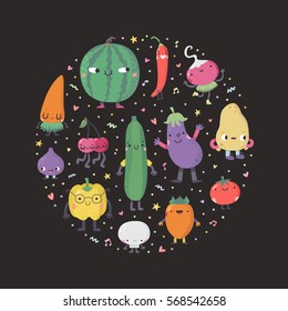 Cute cartoon fruits and vegetables circle illustration. Funny characters in nice colors with confetti. Part one.