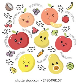 Cute cartoon fruits and vegetables with funny kawaii faces. Orange, banana, apple, pear, peach, grape, blueberry, watermelon, avocado, lemon, broccoli, Isolated vector illustration set.