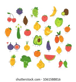 Cute cartoon fruits and vegetables. Vector illustration.