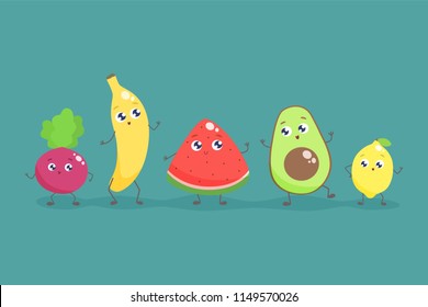 Cute cartoon fruits and vegetables. Vector flat illustration.
