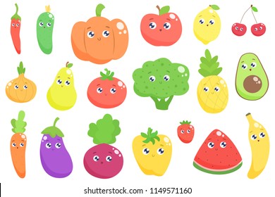Cute cartoon fruits and vegetables. Vector flat illustration.