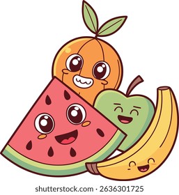 Cute Cartoon Fruits Watermelon, Orange, Apple, and Banana Vector