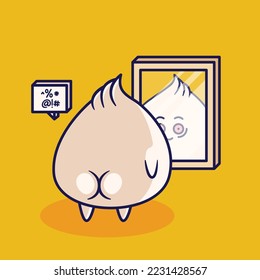 cute cartoon frustated dim sum looking on mirror illustration